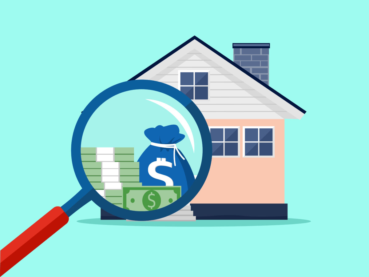 Cartoon magnifying glass showing cash money inside a house